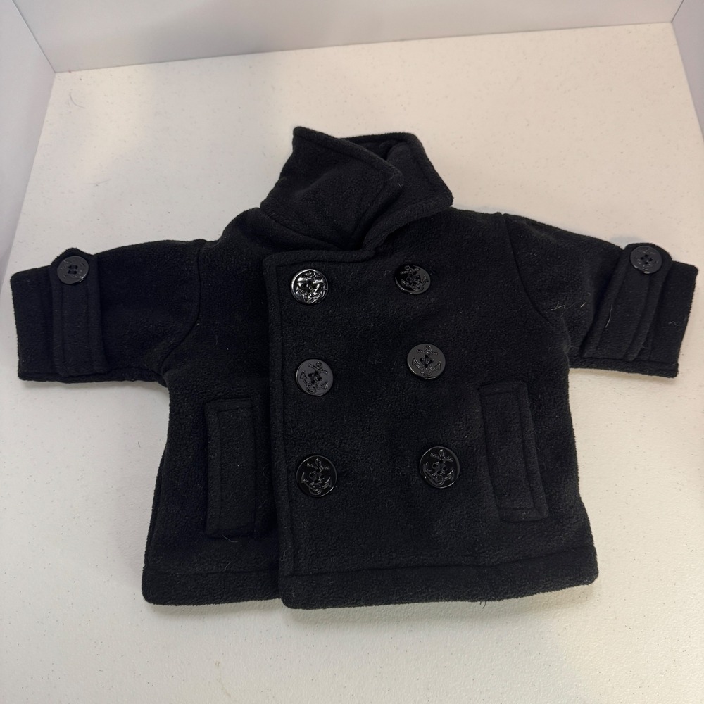 Starting Out Baby Boys Black Fleece Pea Coat Anchor Buttons Jacket Size 3M